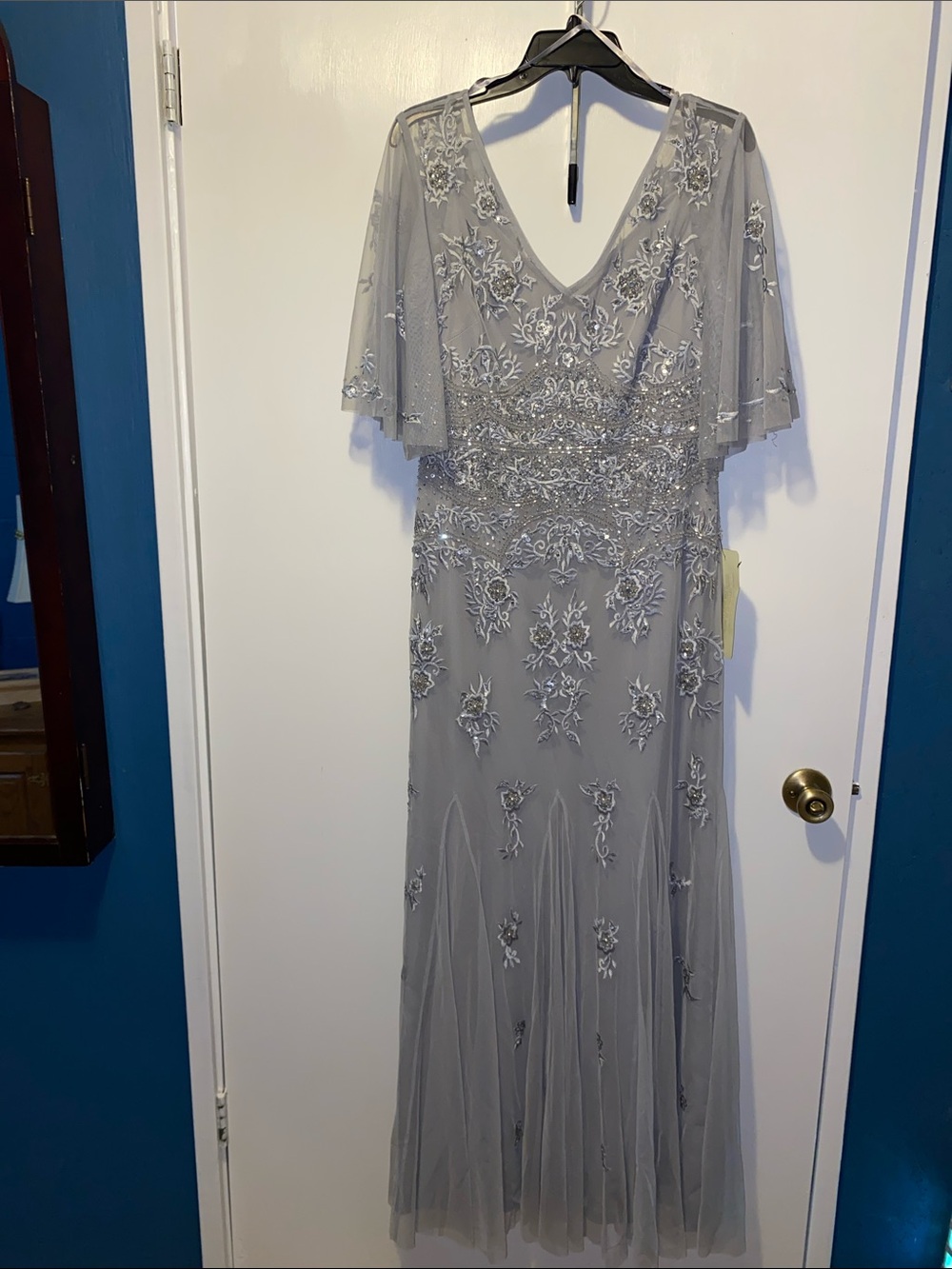 Adrianna Papell Silver Embroidered V‑Neck Maxi Dress